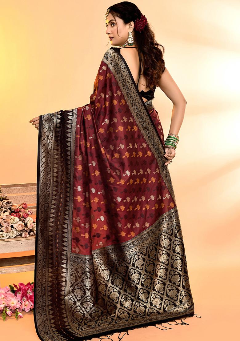 Maroon And Black Weaving Border Silk Saree Set