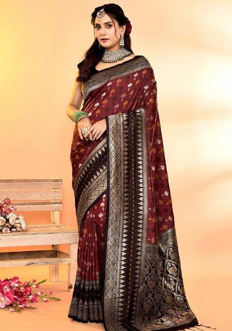 Maroon And Black Weaving Border Silk Saree Set