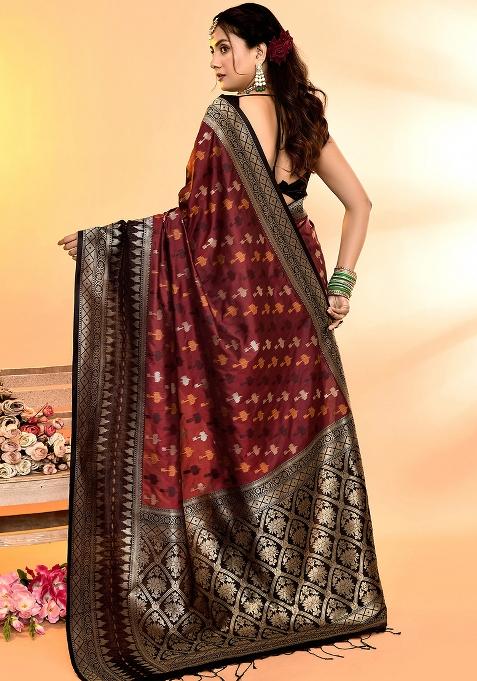 Maroon And Black Weaving Border Silk Saree Set