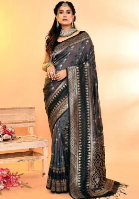 Grey And Black Weaving Border Silk Saree Set