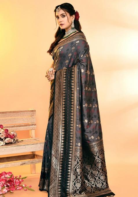 Grey And Black Weaving Border Silk Saree Set