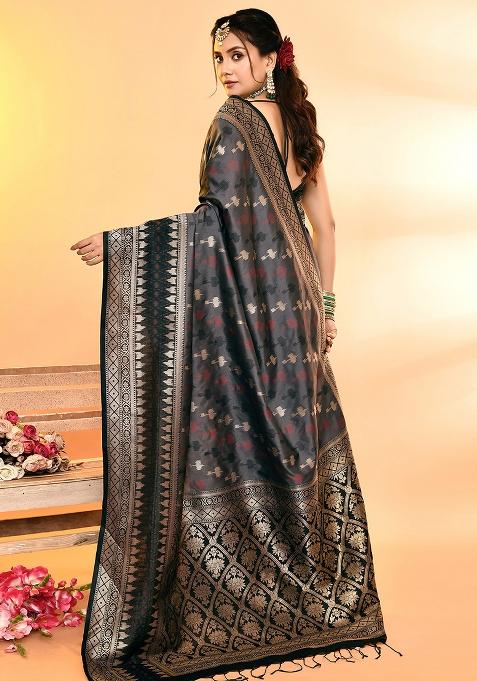 Grey And Black Weaving Border Silk Saree Set