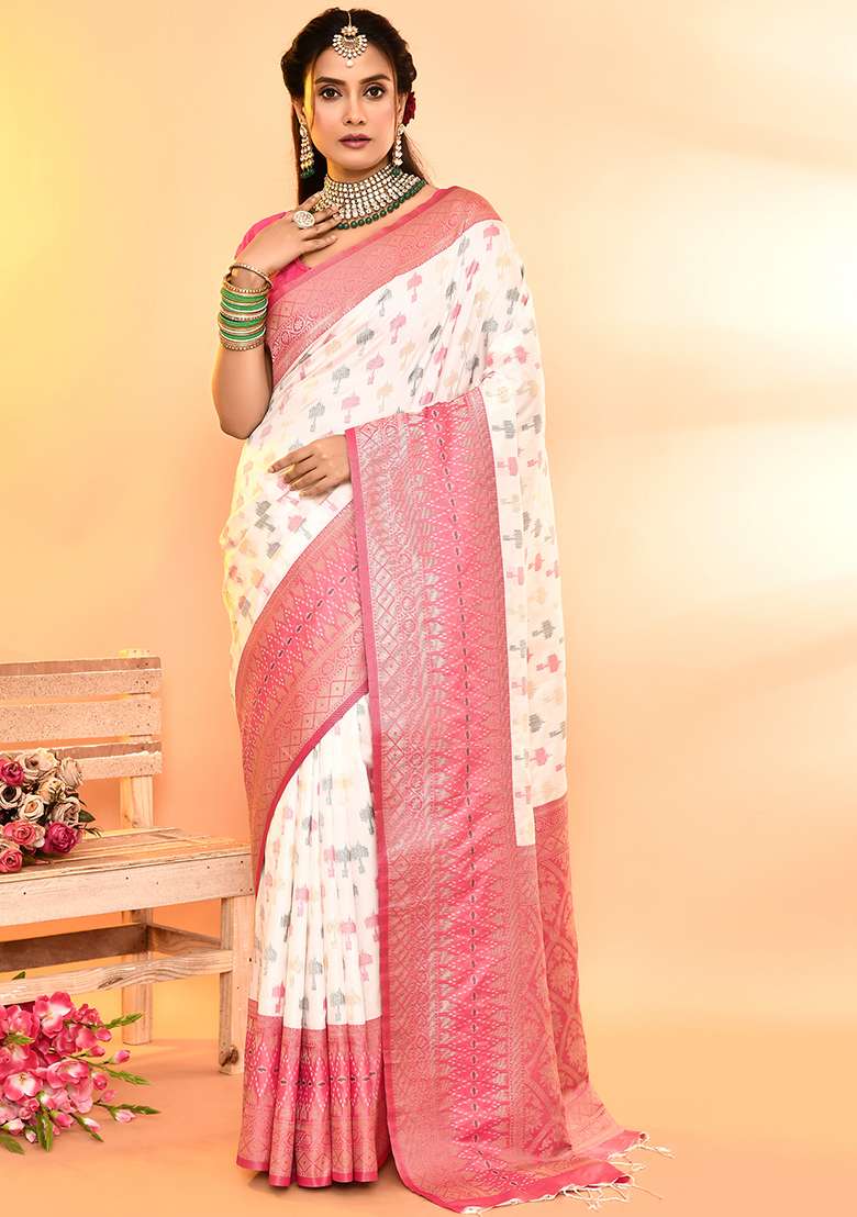 White And Rani Pink Weaving Border Silk Blend Saree Set for Diwali | Wedding & Festive Wear - Indya