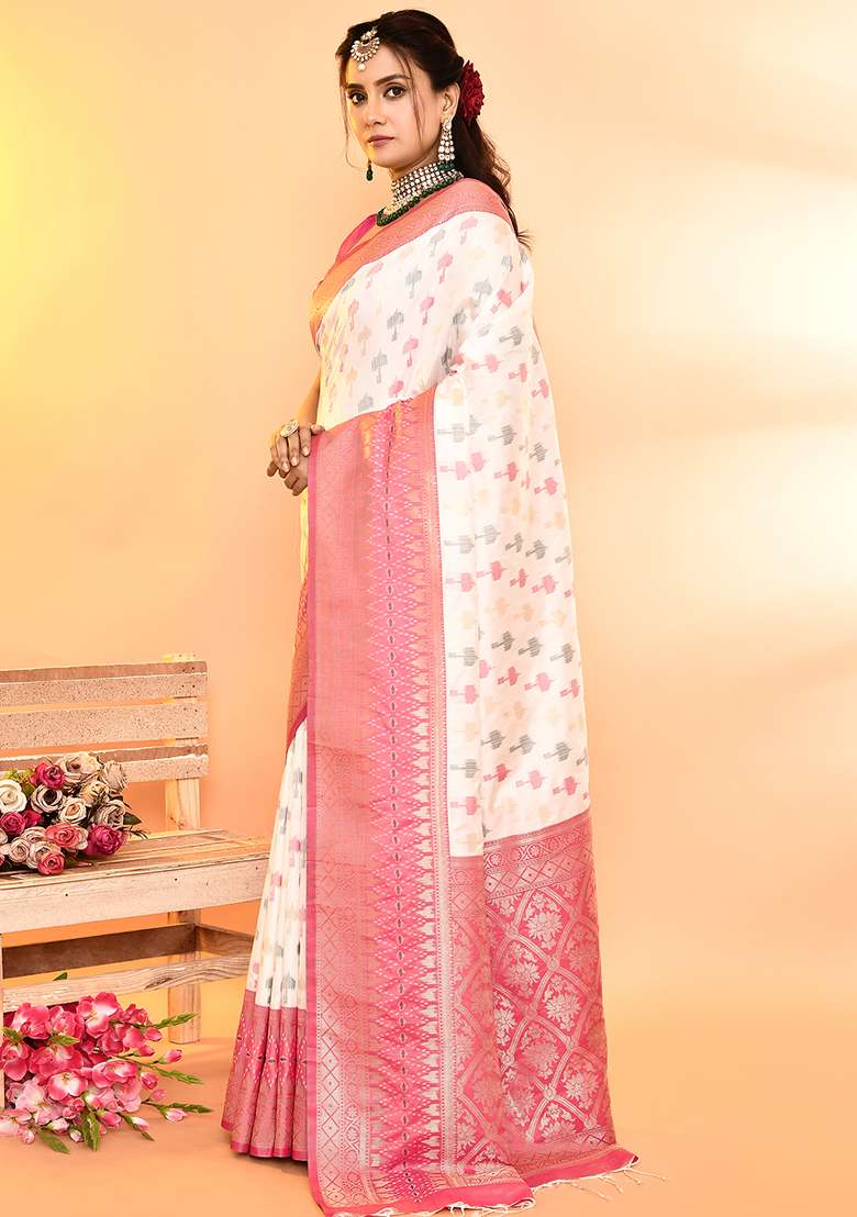 White And Rani Pink Weaving Border Silk Blend Saree Set for Diwali | Wedding & Festive Wear - Indya