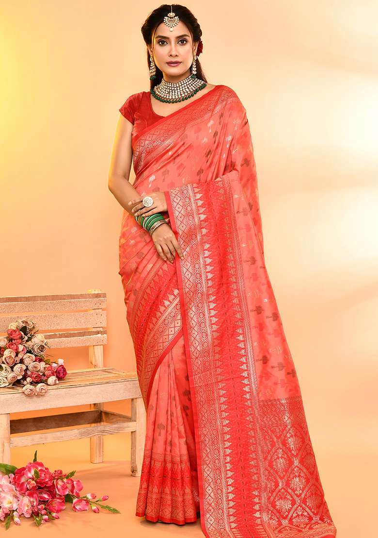 Peach And Red Weaving Border Silk Blend Saree Set for Diwali and Festive Wear - Indya