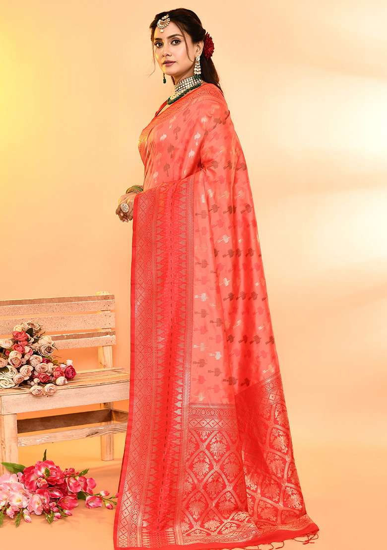 Peach And Red Weaving Border Silk Blend Saree Set for Diwali and Festive Wear - Indya