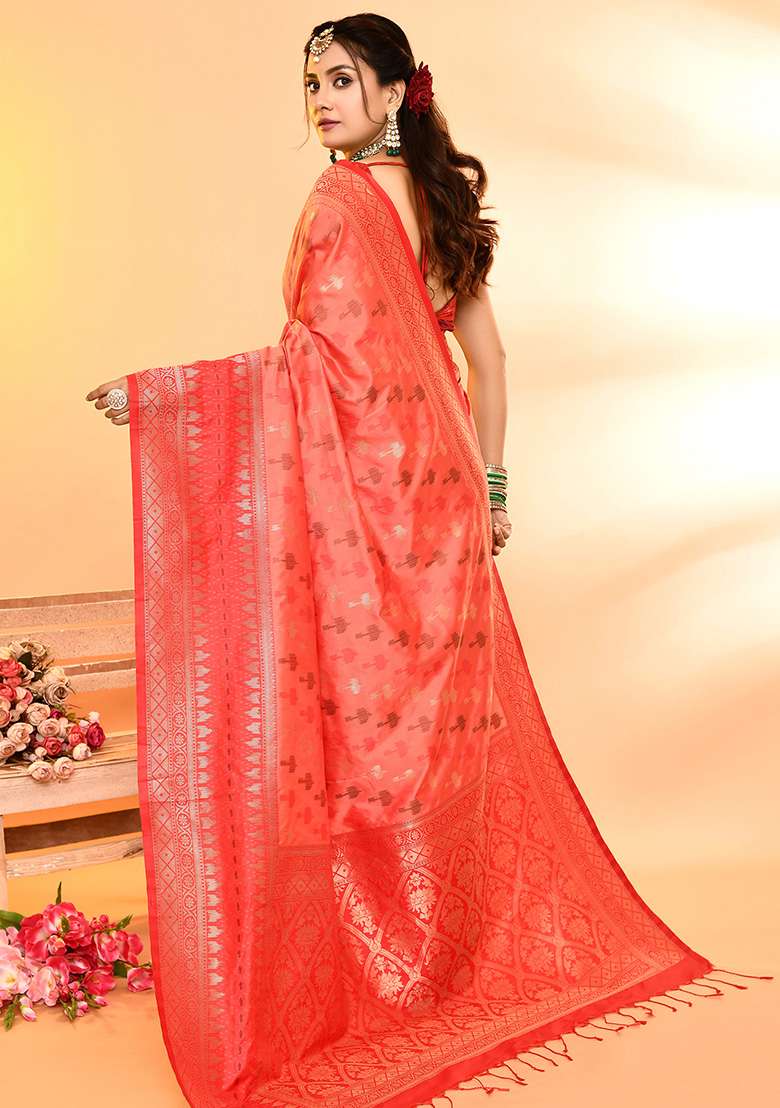 Peach And Red Weaving Border Silk Blend Saree Set for Diwali and Festive Wear - Indya