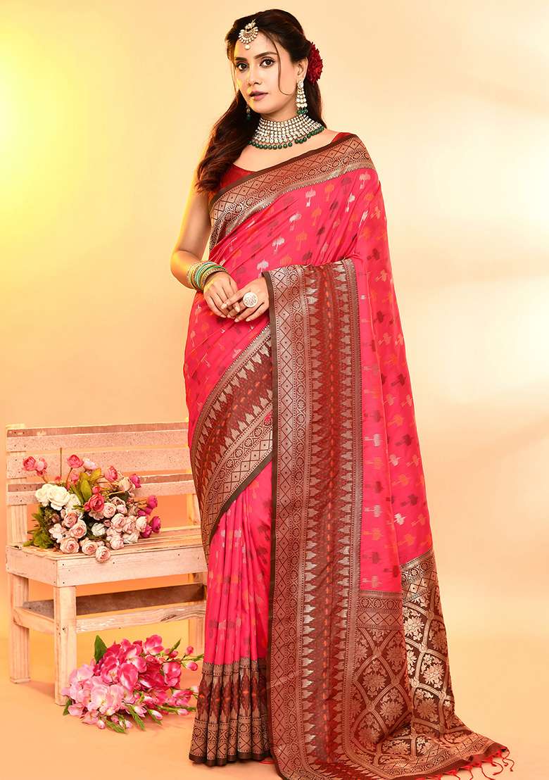 Rani Pink And Bottle Green Weaving Border Silk Blend Saree Set for Diwali | Wedding & Festive Wear - Indya