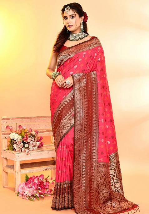 Rani Pink And Bottle Green Weaving Border Silk Saree Set
