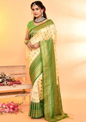 Light Yellow And Parrot Green Weaving Border Silk Saree Set