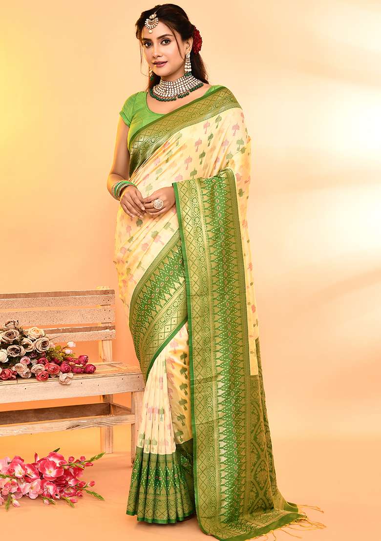 Light Yellow And Parrot Green Weaving Border Silk Blend Saree Set for Diwali and Festive Wear - Indya