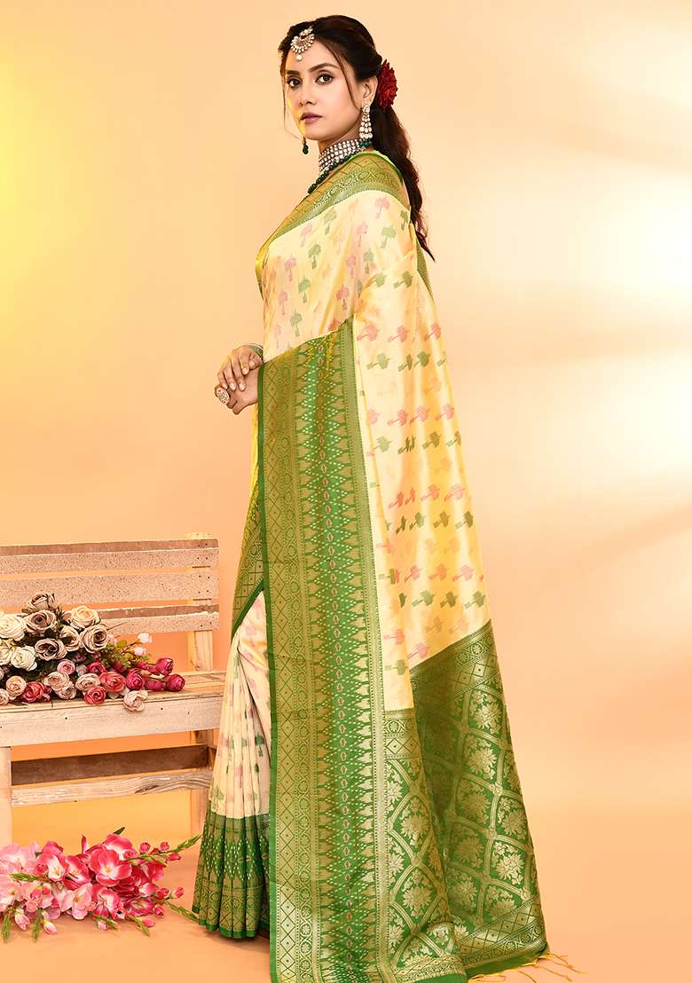 Light Yellow And Parrot Green Weaving Border Silk Blend Saree Set for Diwali and Festive Wear - Indya
