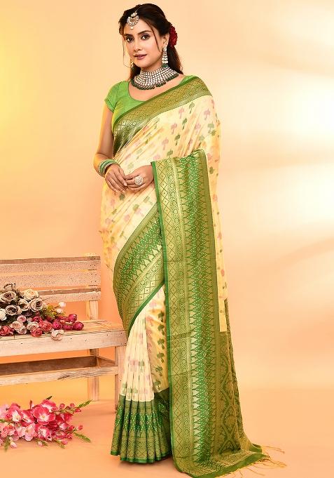 Light Yellow And Parrot Green Weaving Border Silk Saree Set