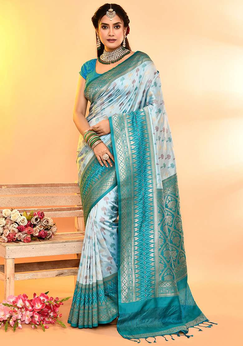 Sky Blue And Rama Weaving Border Silk Blend Saree Set for Diwali and Festive Wear - Indya