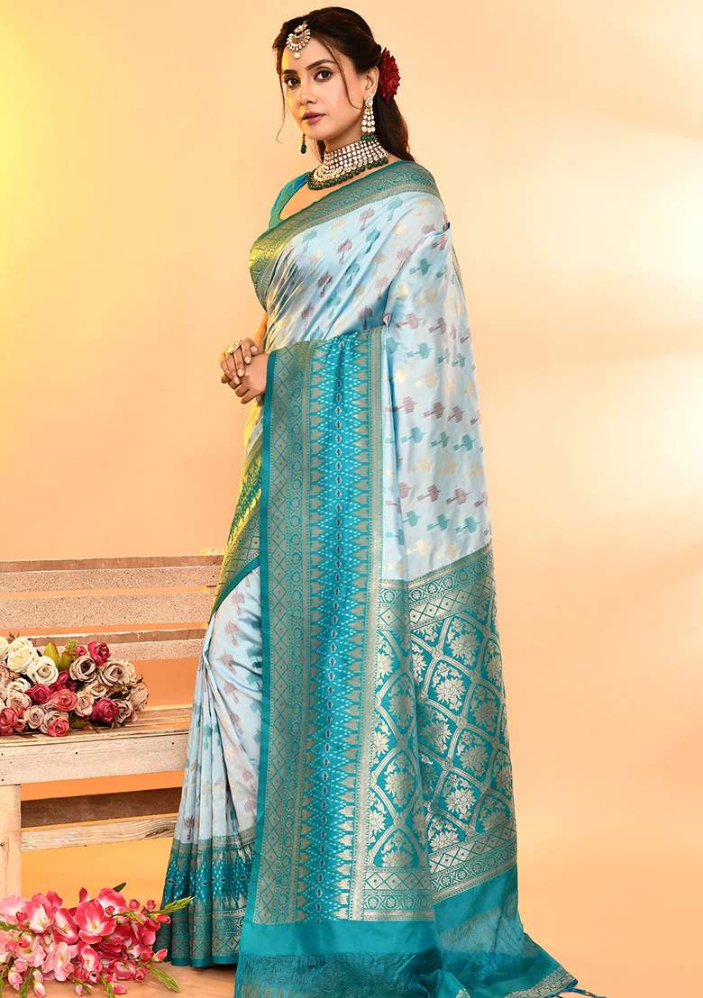 Sky Blue And Rama Weaving Border Silk Blend Saree Set for Diwali and Festive Wear - Indya