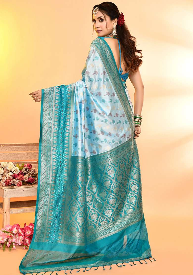 Sky Blue And Rama Weaving Border Silk Blend Saree Set for Diwali and Festive Wear - Indya