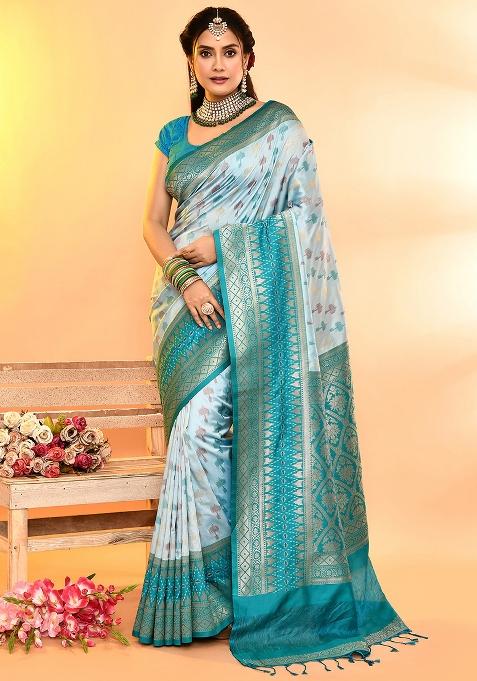 Sky Blue And Rama Weaving Border Silk Saree Set