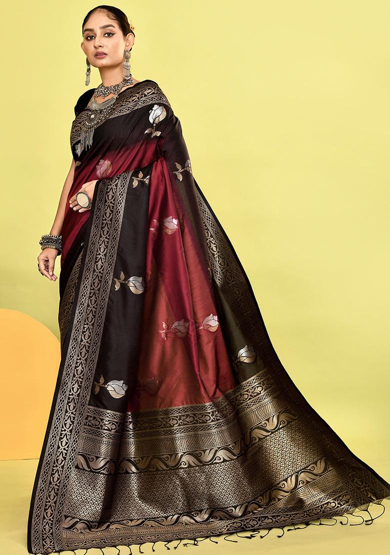 Maroon And Black Weaving Border Silk Saree Set