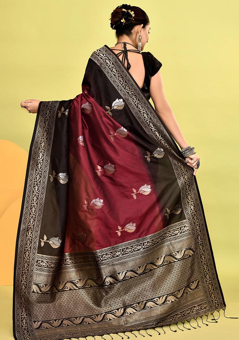 Maroon And Black Weaving Border Silk Saree Set