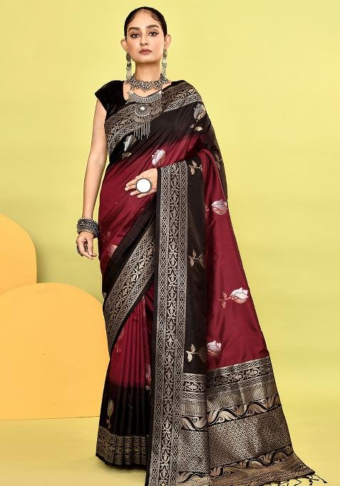 Maroon And Black Weaving Border Silk Saree Set