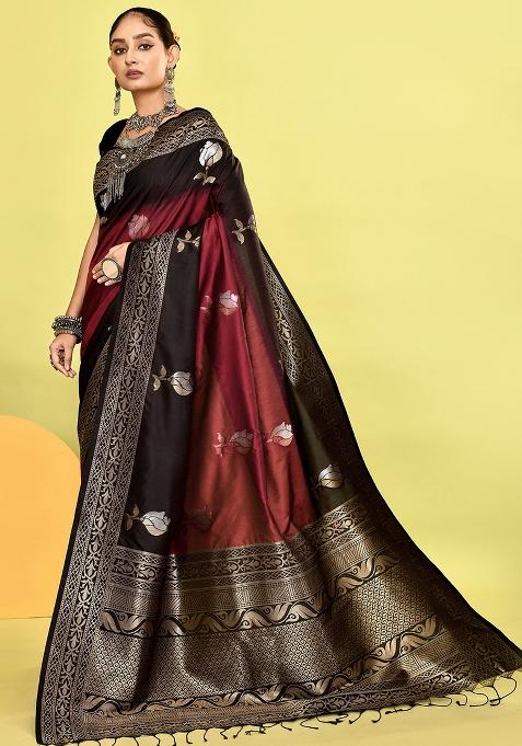 Maroon And Black Weaving Border Silk Saree Set