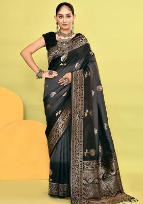 Grey And Black Weaving Border Silk Saree Set