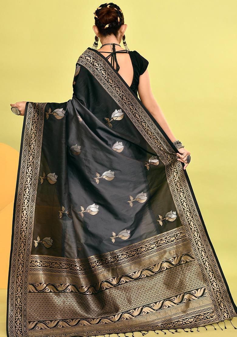 Grey And Black Weaving Border Silk Saree Set
