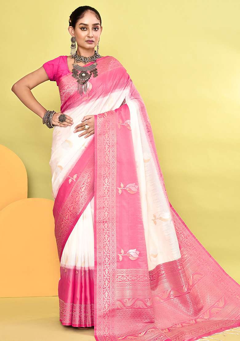 White And Rani Pink Weaving Border Silk Blend Saree Set for Diwali | Wedding & Festive Wear - Indya