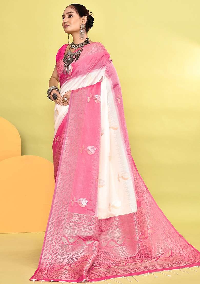 White And Rani Pink Weaving Border Silk Blend Saree Set for Diwali | Wedding & Festive Wear - Indya