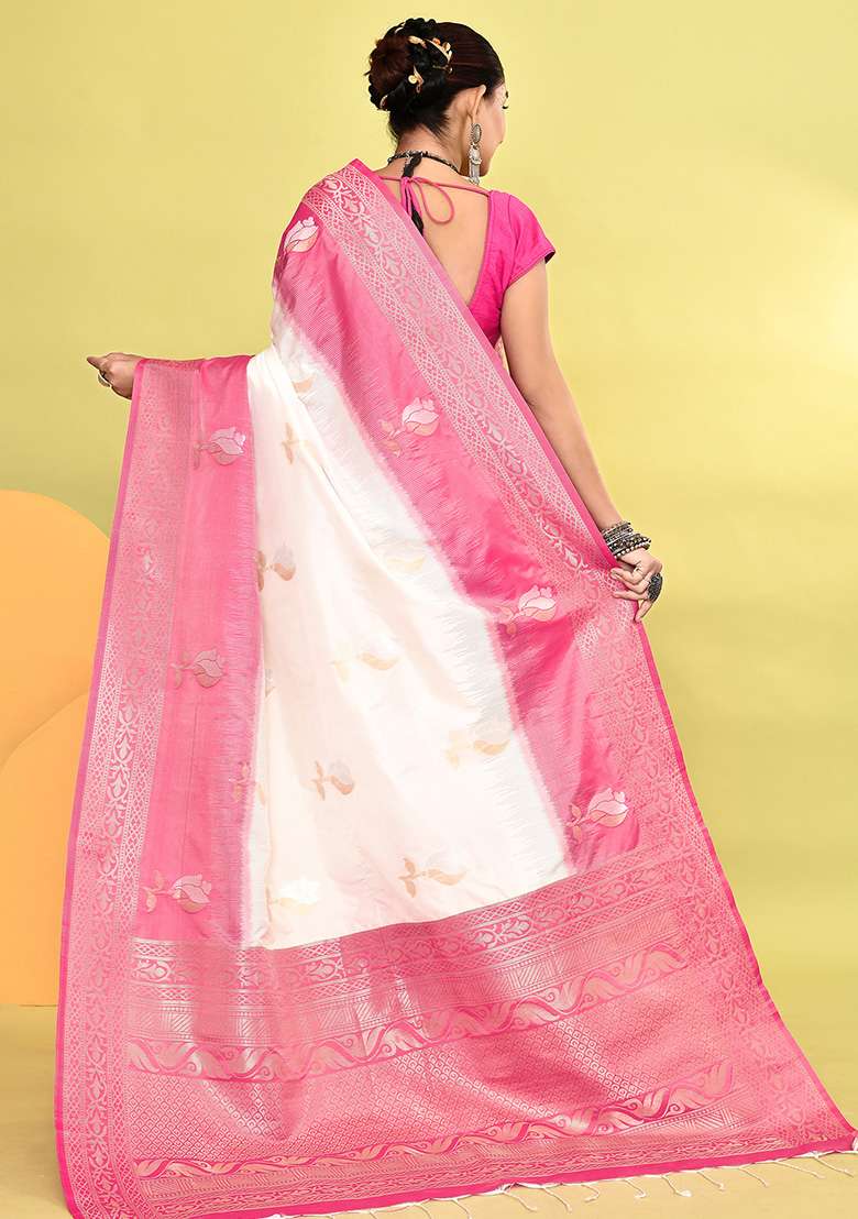 White And Rani Pink Weaving Border Silk Blend Saree Set for Diwali | Wedding & Festive Wear - Indya