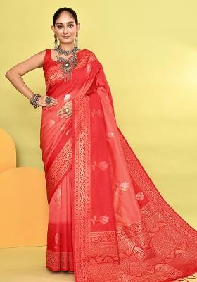 Peach And Red Weaving Border Silk Saree Set