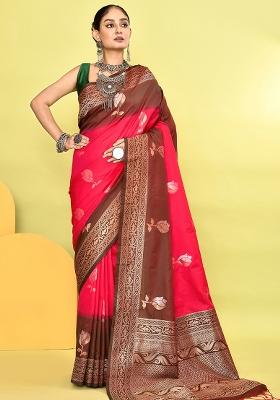 Rani Pink And Bottle Green Weaving Border Silk Saree Set