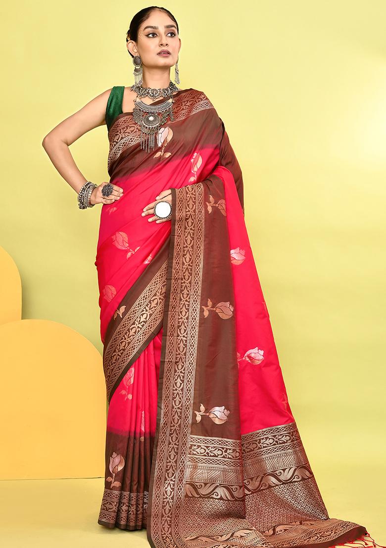 Rani Pink And Bottle Green Weaving Border Silk Saree Set