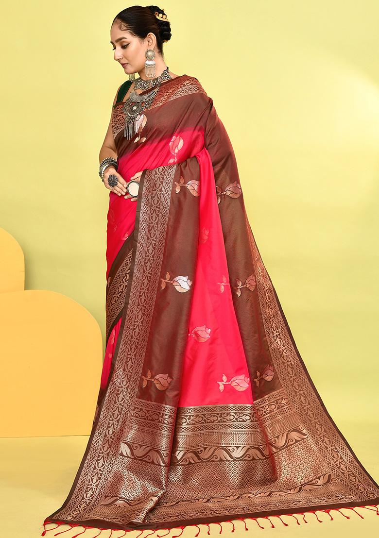 Rani Pink And Bottle Green Weaving Border Silk Saree Set