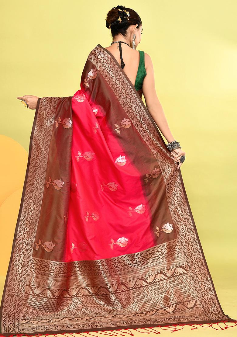 Rani Pink And Bottle Green Weaving Border Silk Saree Set