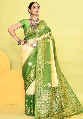 Light Yellow And Parrot Green Weaving Border Silk Saree Set
