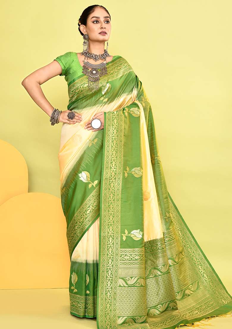 Light Yellow And Parrot Green Weaving Border Silk Blend Saree Set for Diwali | Wedding & Festive Wear - Indya