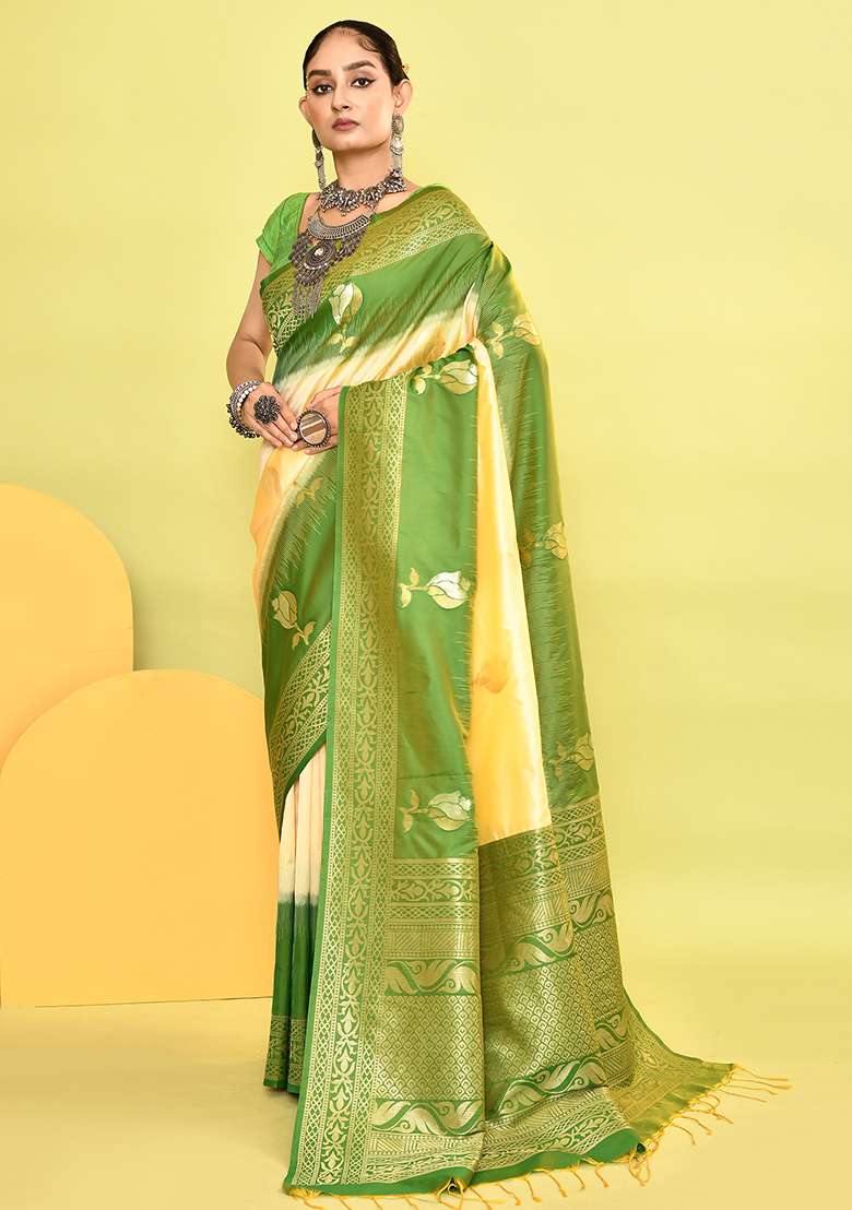 Light Yellow And Parrot Green Weaving Border Silk Blend Saree Set for Diwali | Wedding & Festive Wear - Indya