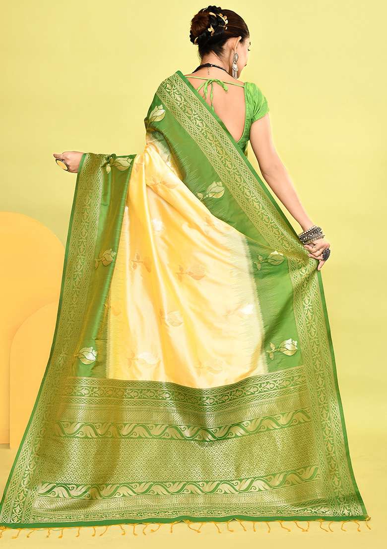 Light Yellow And Parrot Green Weaving Border Silk Blend Saree Set for Diwali | Wedding & Festive Wear - Indya