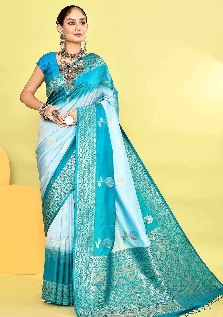Sky Blue And Rama Weaving Border Silk Blend Saree Set for Diwali and Festive Wear - Indya
