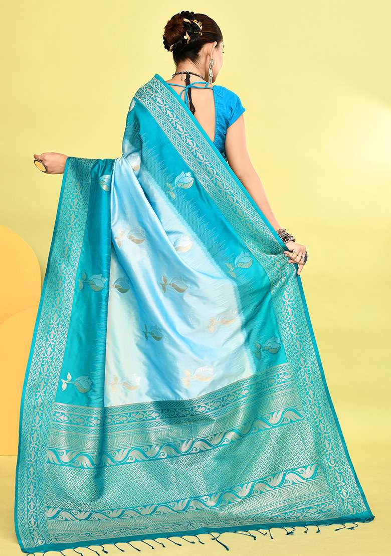 Sky Blue And Rama Weaving Border Silk Blend Saree Set for Diwali and Festive Wear - Indya