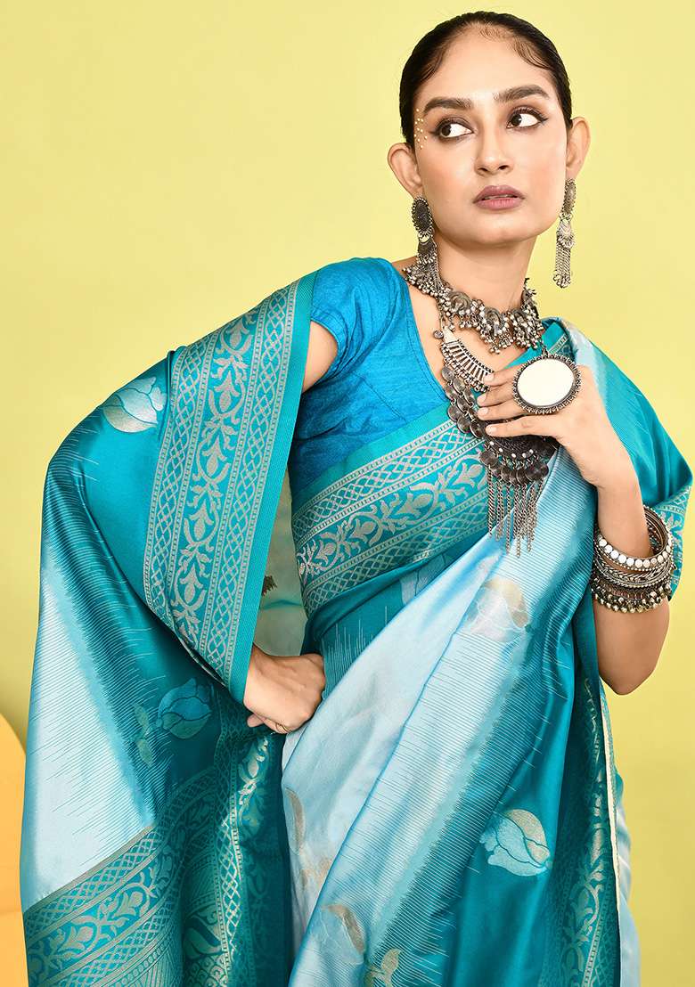 Sky Blue And Rama Weaving Border Silk Blend Saree Set for Diwali and Festive Wear - Indya