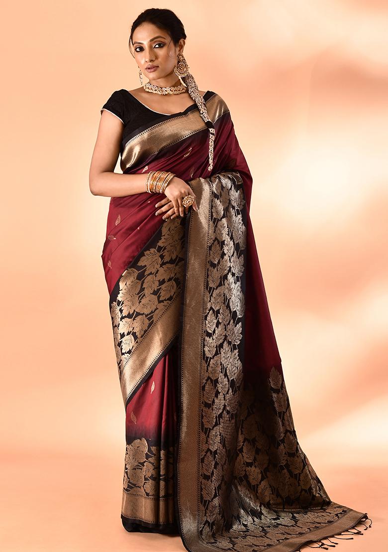 Maroon And Black Weaving Border Silk Saree Set