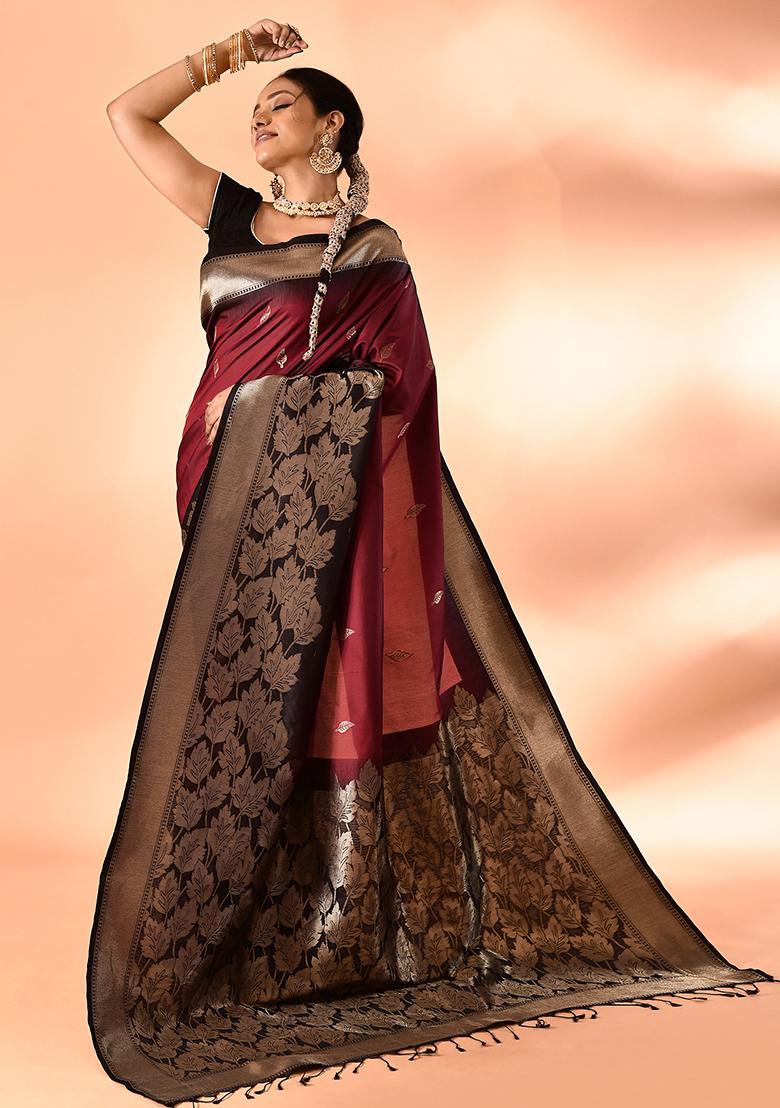 Maroon And Black Weaving Border Silk Saree Set