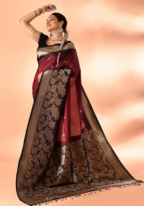 Maroon And Black Weaving Border Silk Saree Set