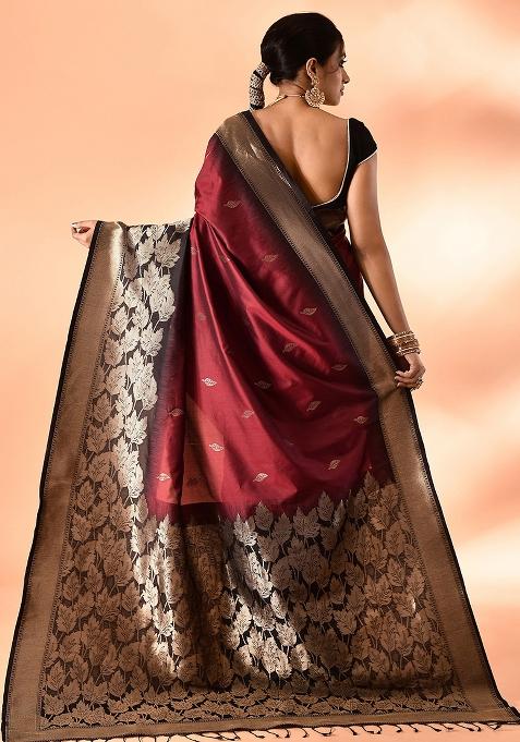 Maroon And Black Weaving Border Silk Saree Set