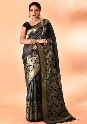 Grey And Black Weaving Border Silk Saree Set