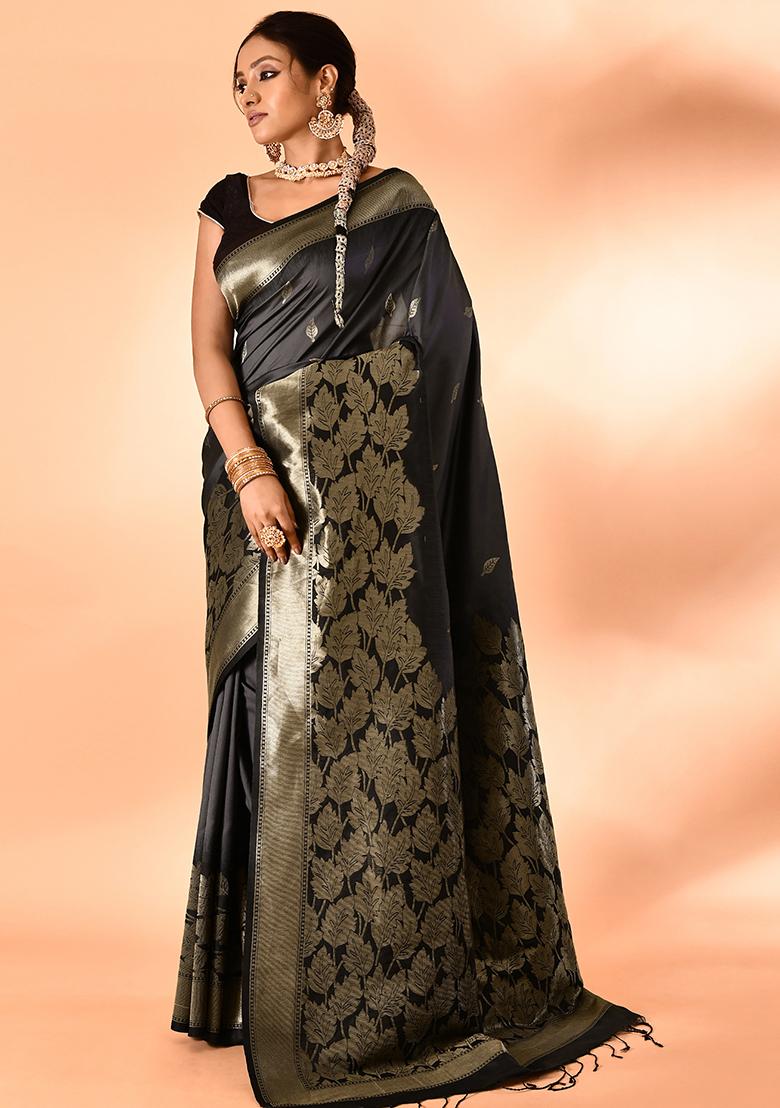 Grey And Black Weaving Border Silk Saree Set