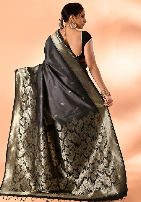 Grey And Black Weaving Border Silk Saree Set