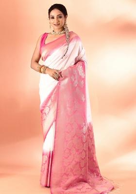 White And Rani Pink Weaving Border Silk Saree Set
